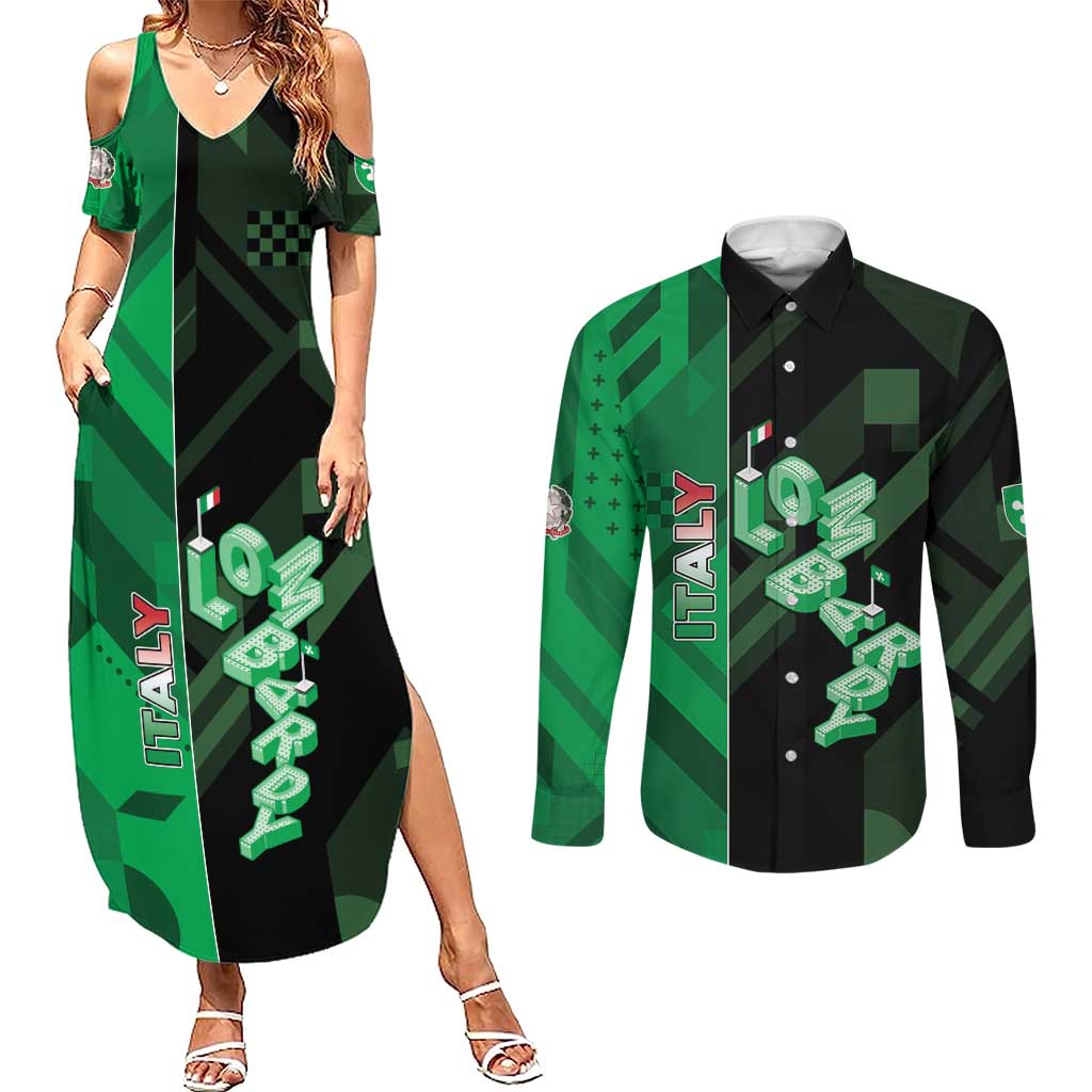 Personalized Italy Lombardy Couples Matching Summer Maxi Dress and Long Sleeve Button Shirt Isometric Style - Wonder Print Shop
