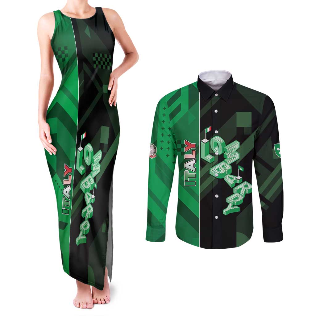 Personalized Italy Lombardy Couples Matching Tank Maxi Dress and Long Sleeve Button Shirt Isometric Style - Wonder Print Shop