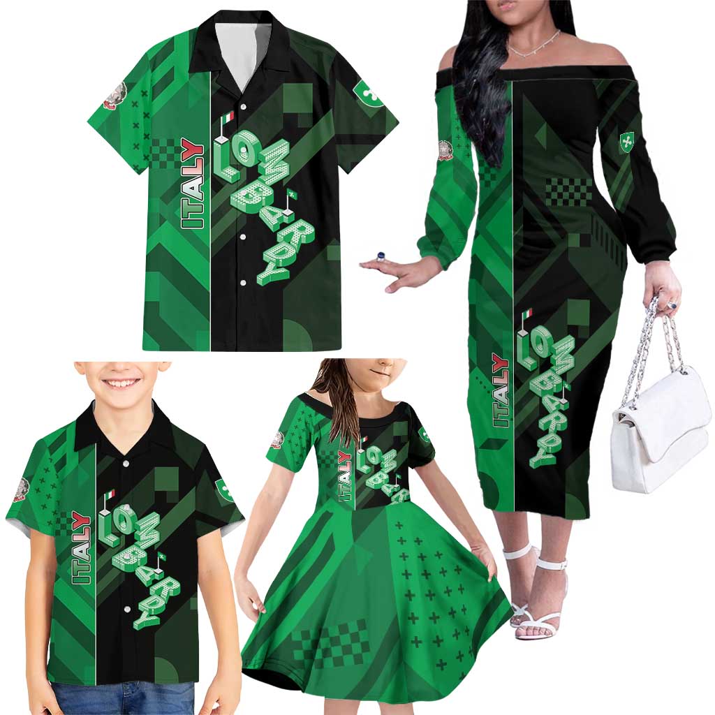 Personalized Italy Lombardy Family Matching Off The Shoulder Long Sleeve Dress and Hawaiian Shirt Isometric Style - Wonder Print Shop