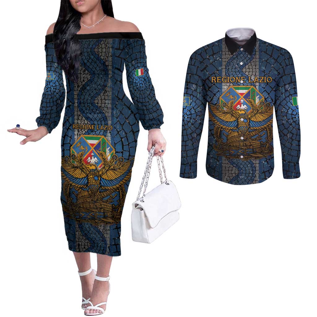Personalized Italy Lazio Couples Matching Off The Shoulder Long Sleeve Dress and Long Sleeve Button Shirt Roman Eagle Heritage - Wonder Print Shop