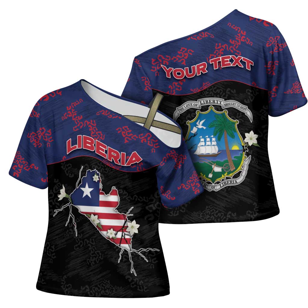 Personalized Liberia Cross Shoulder Shirt Map With Pepper Flowers Scratch Texture