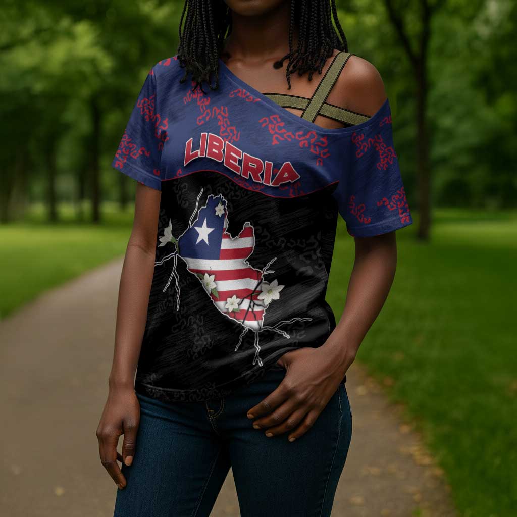 Personalized Liberia Cross Shoulder Shirt Map With Pepper Flowers Scratch Texture