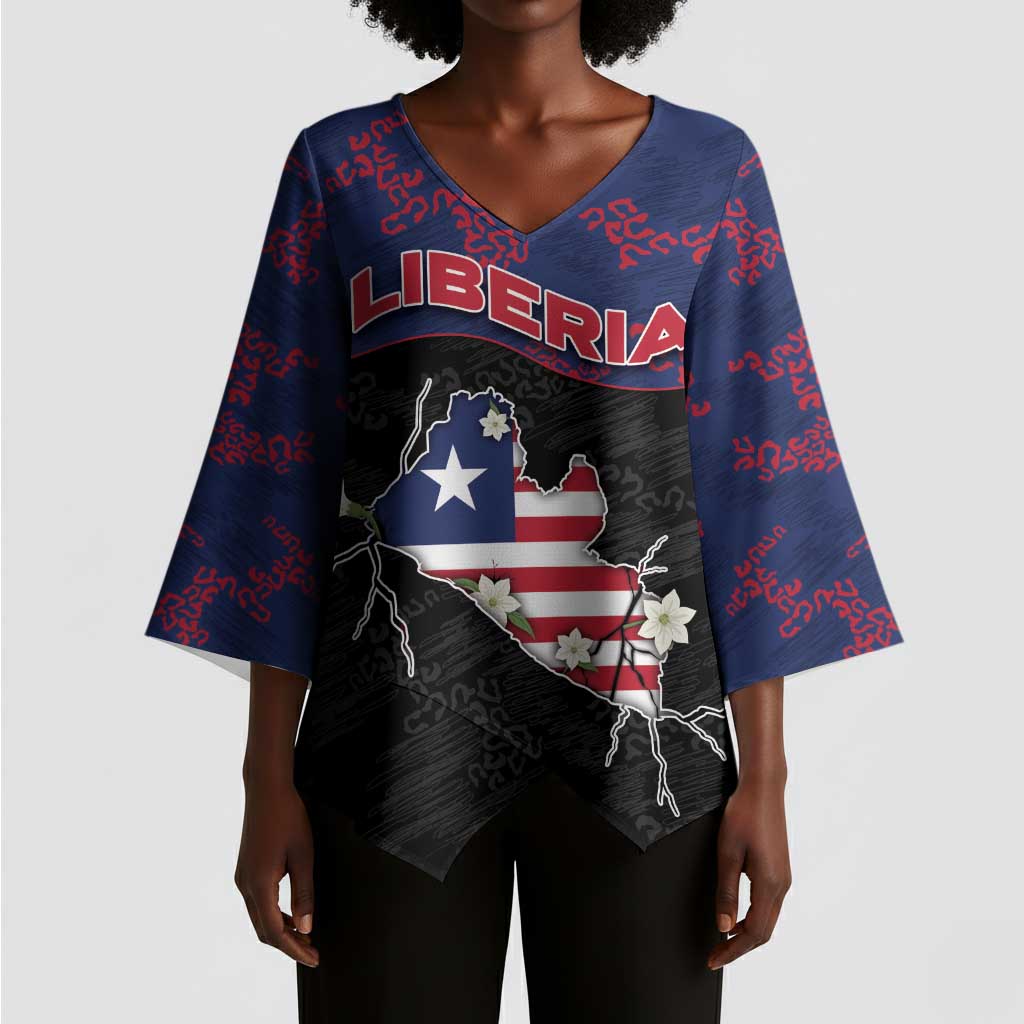 Personalized Liberia Kimono Sleeve Blouse Map With Pepper Flowers Scratch Texture
