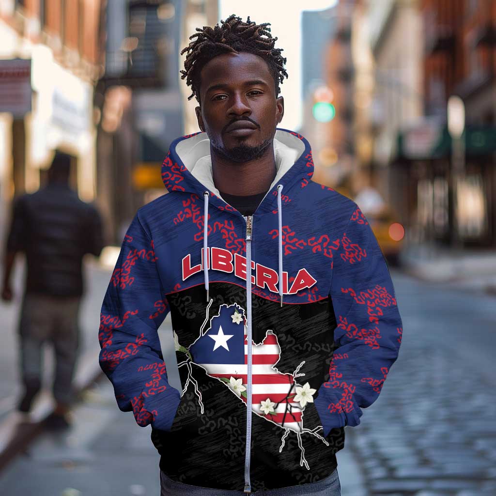 Personalized Liberia Zip Hoodie Map With Pepper Flowers Scratch Texture
