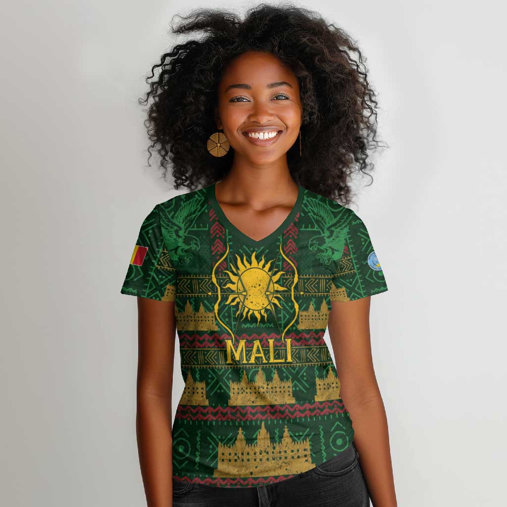 Mali Women V-Neck T-Shirt Golden Sun And Mosque Patterns Retro Style