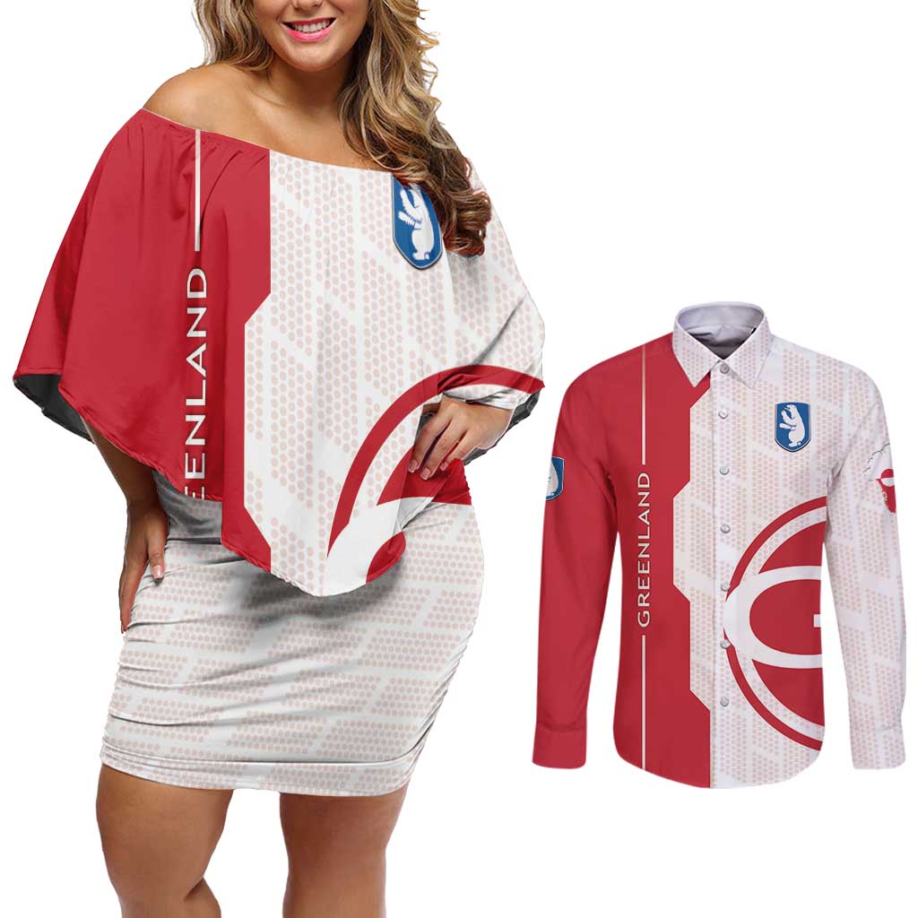 Greenland Couples Matching Off Shoulder Short Dress and Long Sleeve Button Shirt Coat Of Arms Unique Style