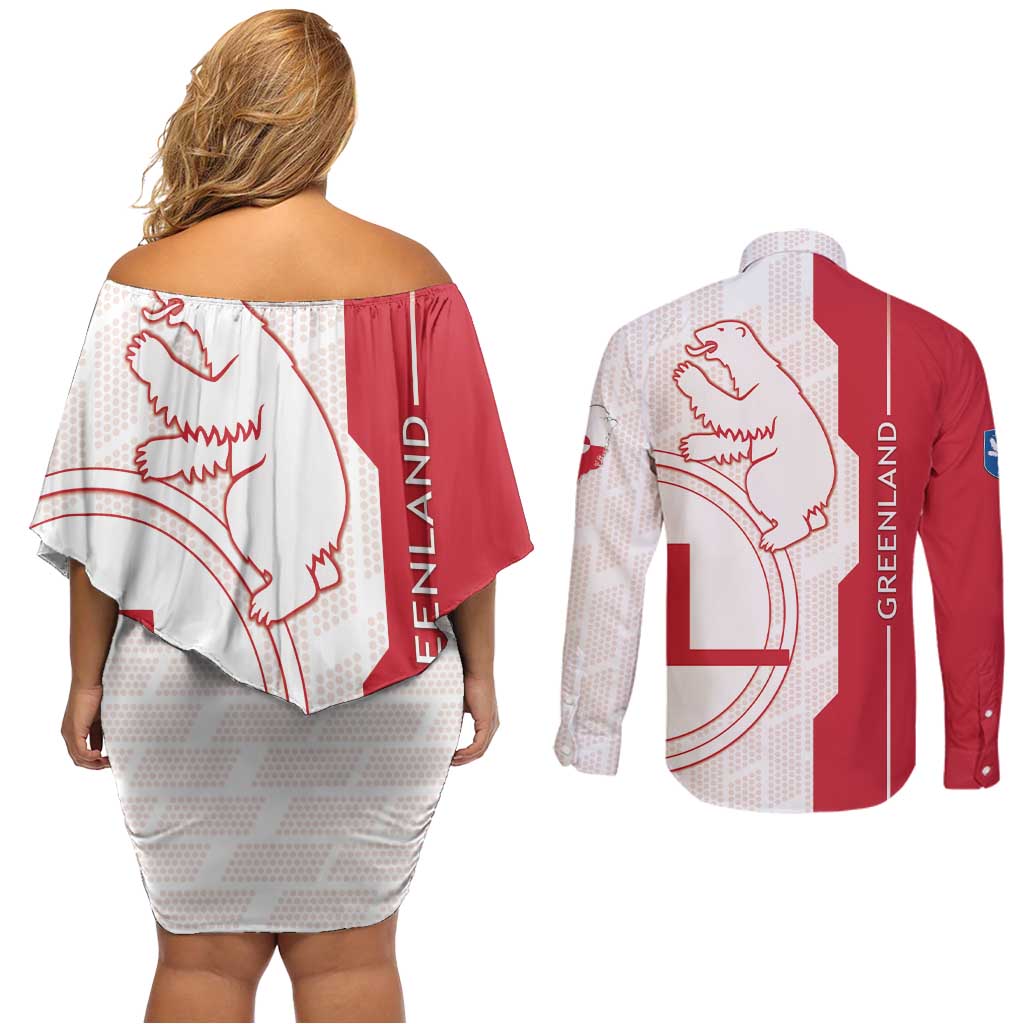 Greenland Couples Matching Off Shoulder Short Dress and Long Sleeve Button Shirt Coat Of Arms Unique Style