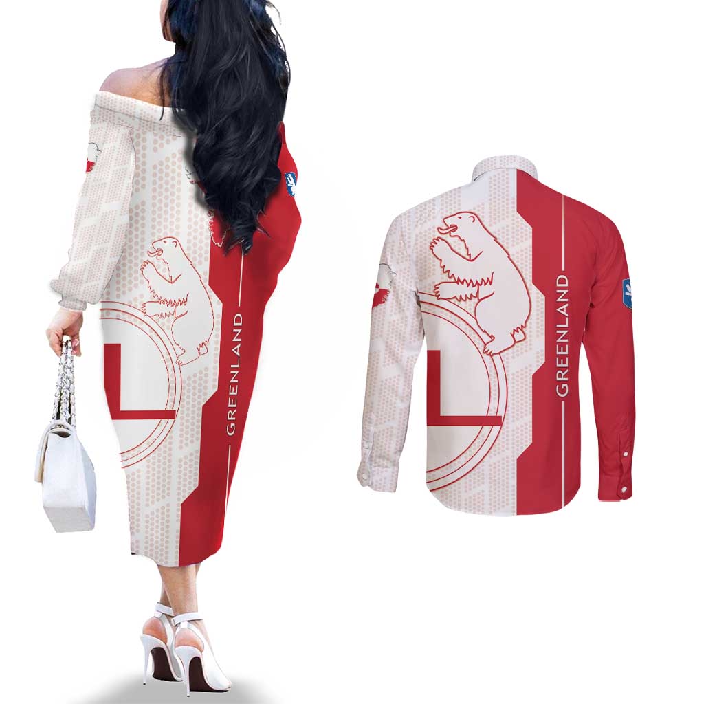 Greenland Couples Matching Off The Shoulder Long Sleeve Dress and Long Sleeve Button Shirt Coat Of Arms Unique Style