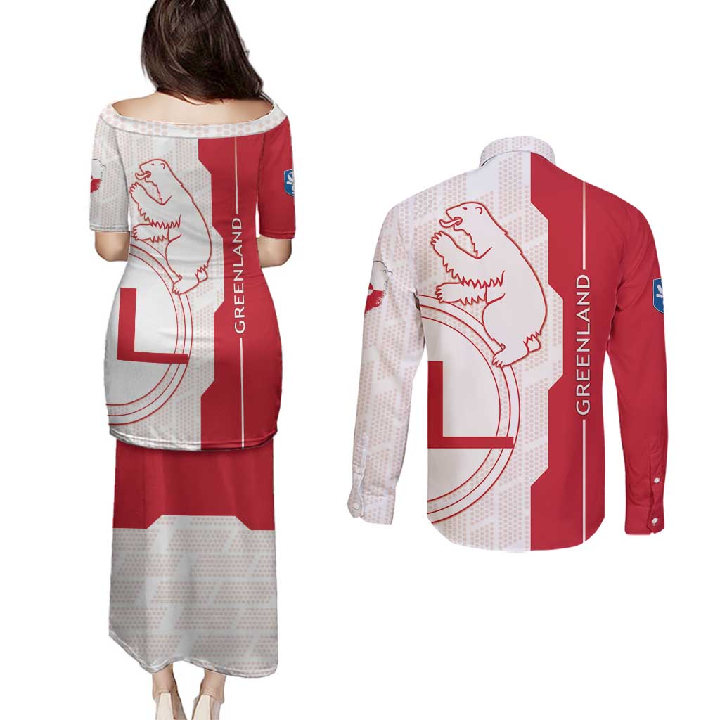 Greenland Couples Matching Puletasi and Long Sleeve Button Shirt Coat Of Arms Unique Style