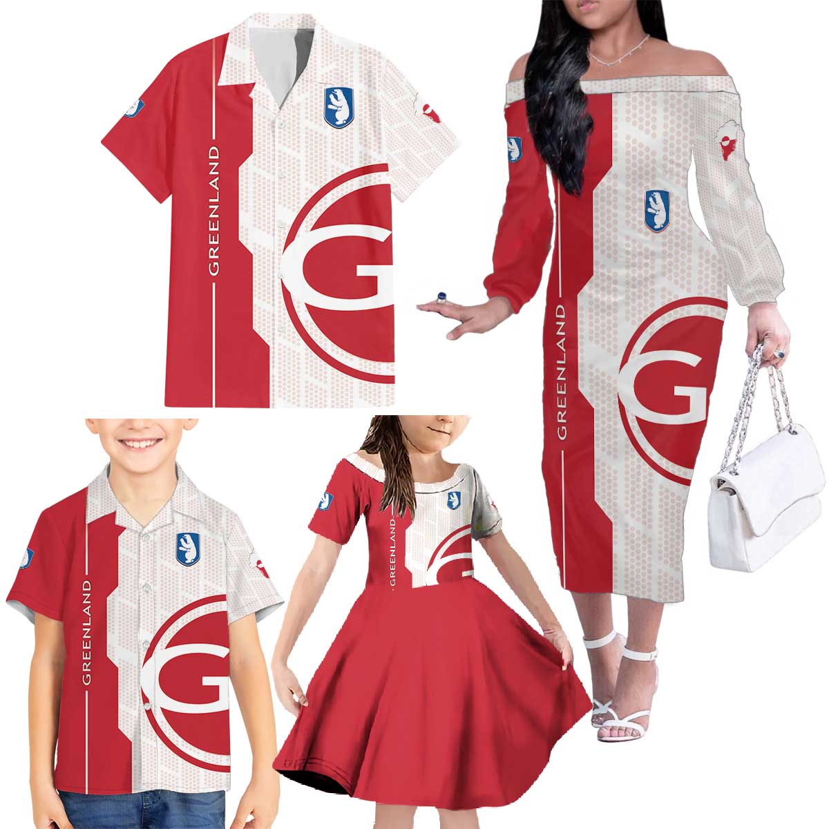 Greenland Family Matching Off The Shoulder Long Sleeve Dress and Hawaiian Shirt Coat Of Arms Unique Style