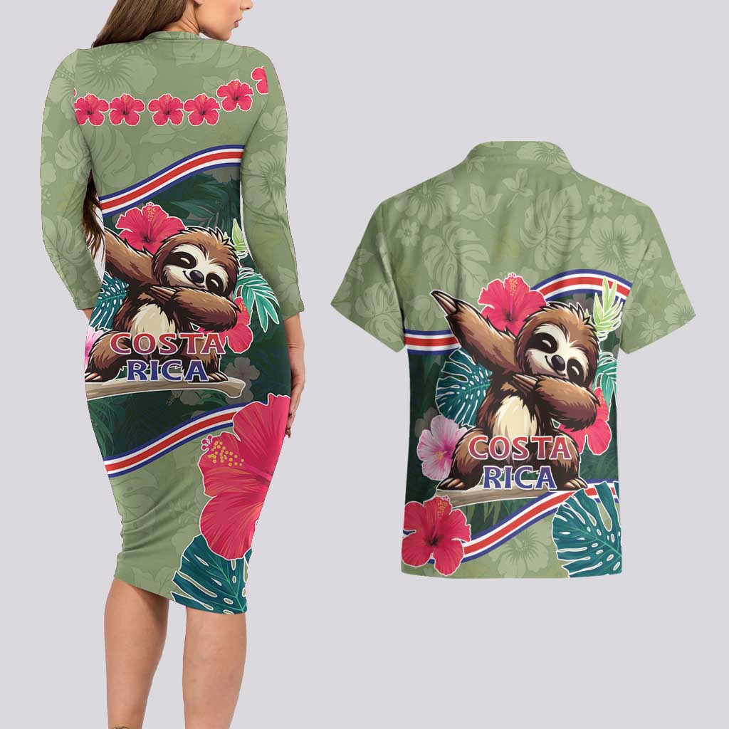Costa Rica Couples Matching Long Sleeve Bodycon Dress and Hawaiian Shirt Pura Vida Dabbing Sloth