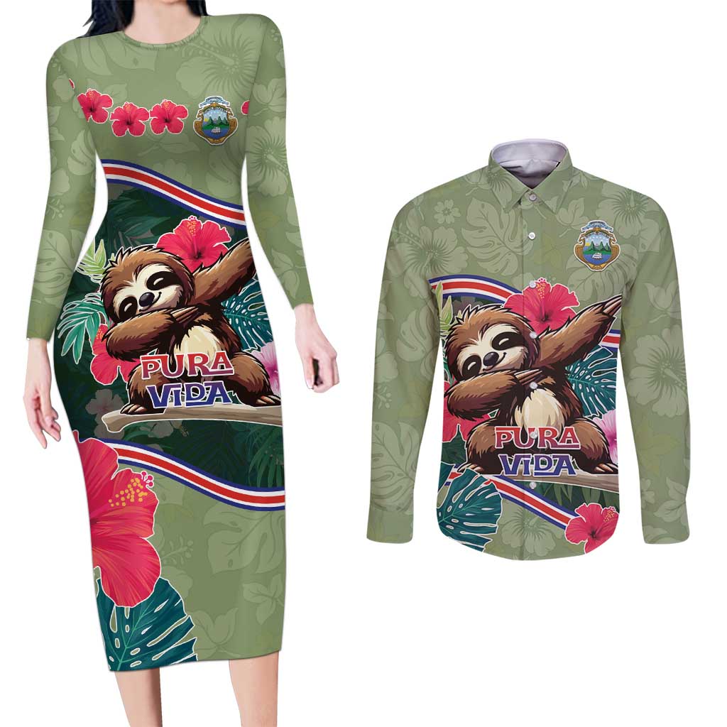 Costa Rica Couples Matching Long Sleeve Bodycon Dress and Long Sleeve Button Shirt Pura Vida Dabbing Sloth