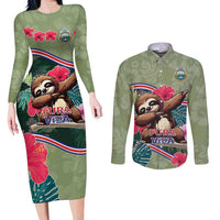 Costa Rica Couples Matching Long Sleeve Bodycon Dress and Long Sleeve Button Shirt Pura Vida Dabbing Sloth