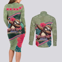 Costa Rica Couples Matching Long Sleeve Bodycon Dress and Long Sleeve Button Shirt Pura Vida Dabbing Sloth