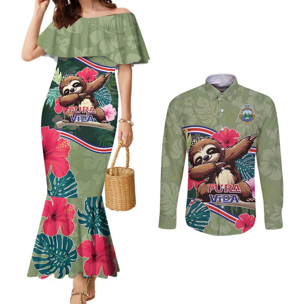 Costa Rica Couples Matching Mermaid Dress and Long Sleeve Button Shirt Pura Vida Dabbing Sloth
