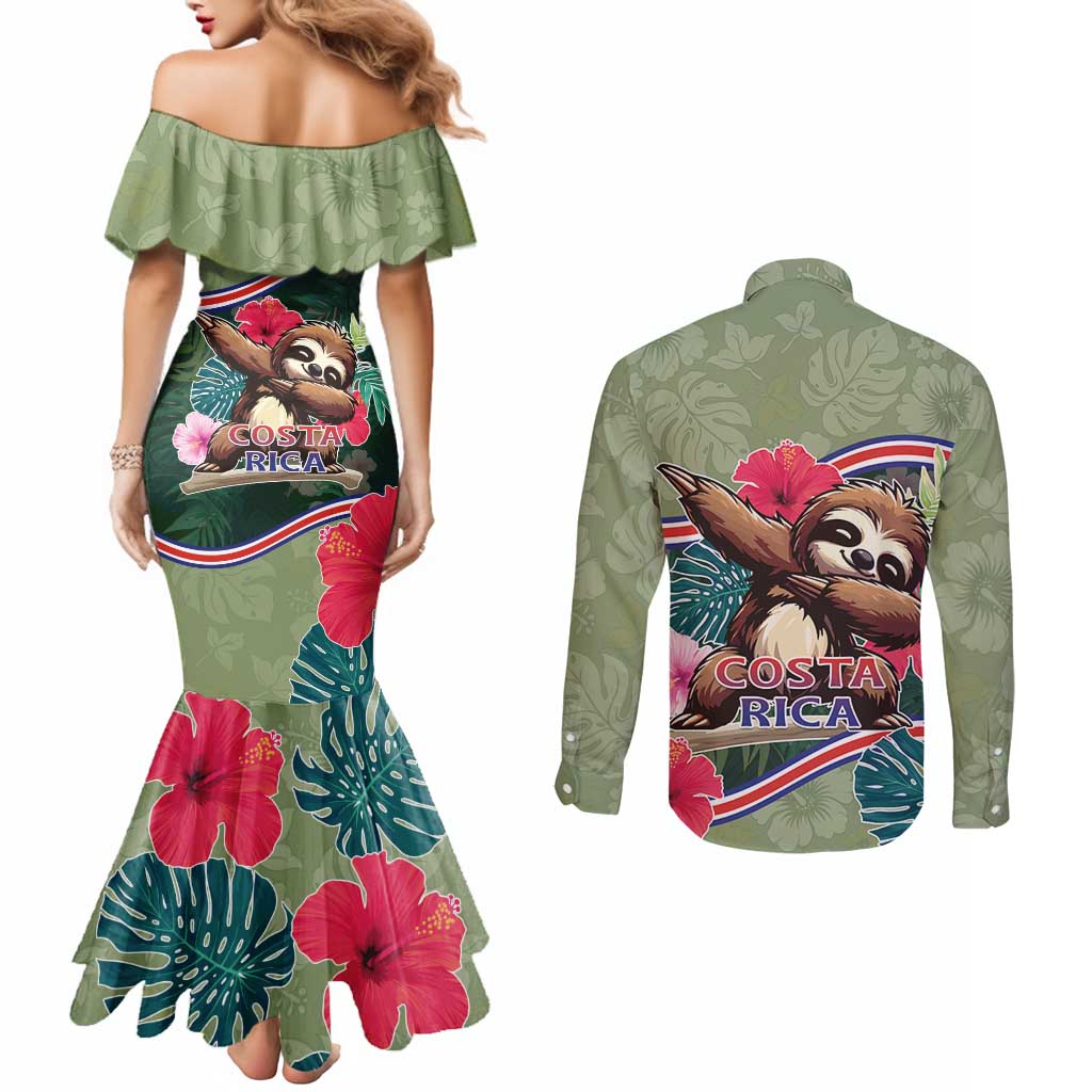 Costa Rica Couples Matching Mermaid Dress and Long Sleeve Button Shirt Pura Vida Dabbing Sloth