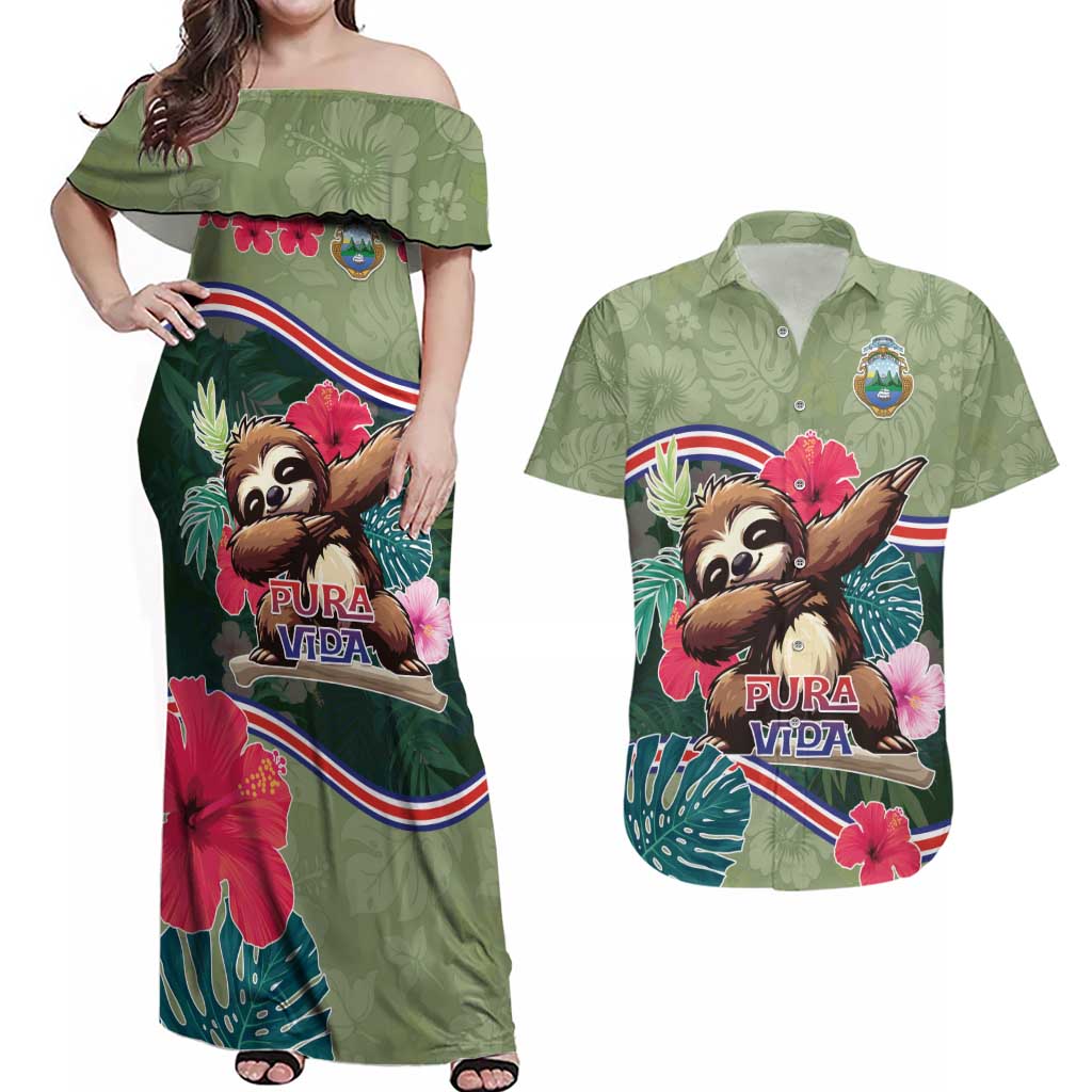 Costa Rica Couples Matching Off Shoulder Maxi Dress and Hawaiian Shirt Pura Vida Dabbing Sloth