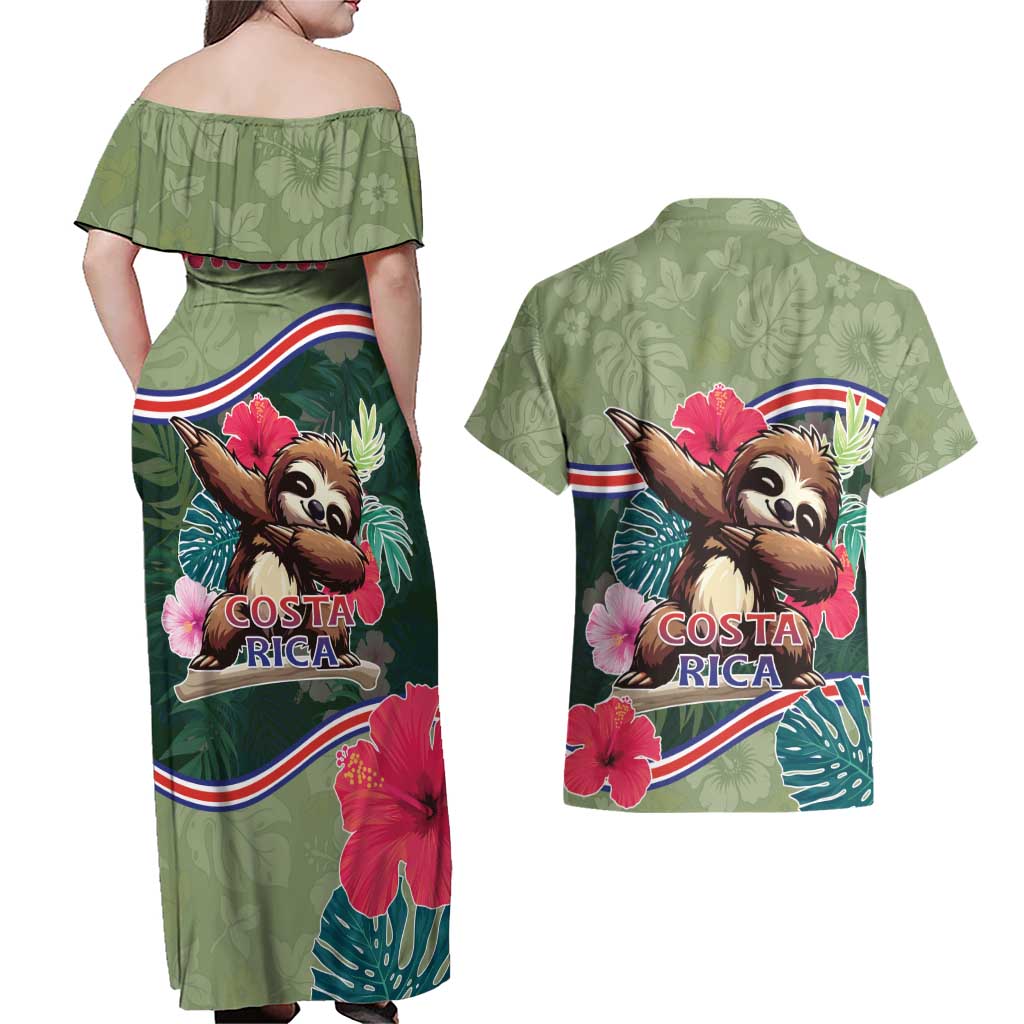 Costa Rica Couples Matching Off Shoulder Maxi Dress and Hawaiian Shirt Pura Vida Dabbing Sloth