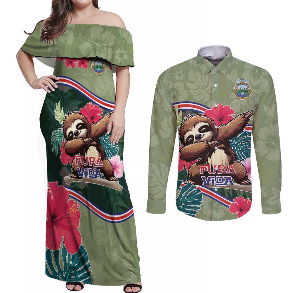 Costa Rica Couples Matching Off Shoulder Maxi Dress and Long Sleeve Button Shirt Pura Vida Dabbing Sloth