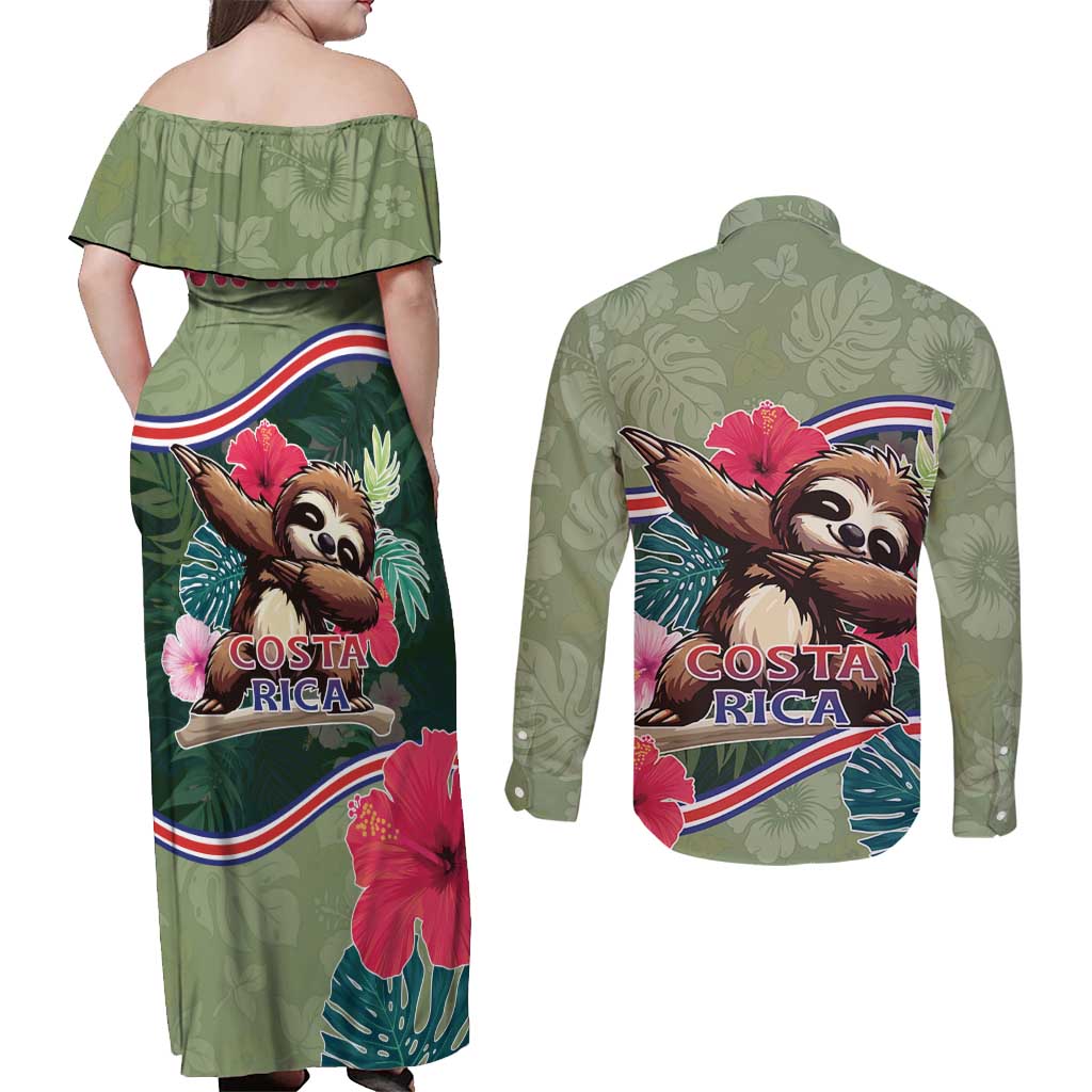 Costa Rica Couples Matching Off Shoulder Maxi Dress and Long Sleeve Button Shirt Pura Vida Dabbing Sloth
