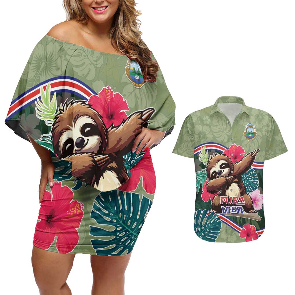 Costa Rica Couples Matching Off Shoulder Short Dress and Hawaiian Shirt Pura Vida Dabbing Sloth