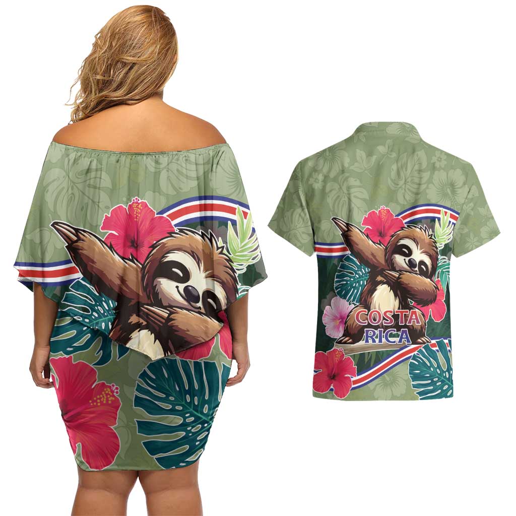 Costa Rica Couples Matching Off Shoulder Short Dress and Hawaiian Shirt Pura Vida Dabbing Sloth