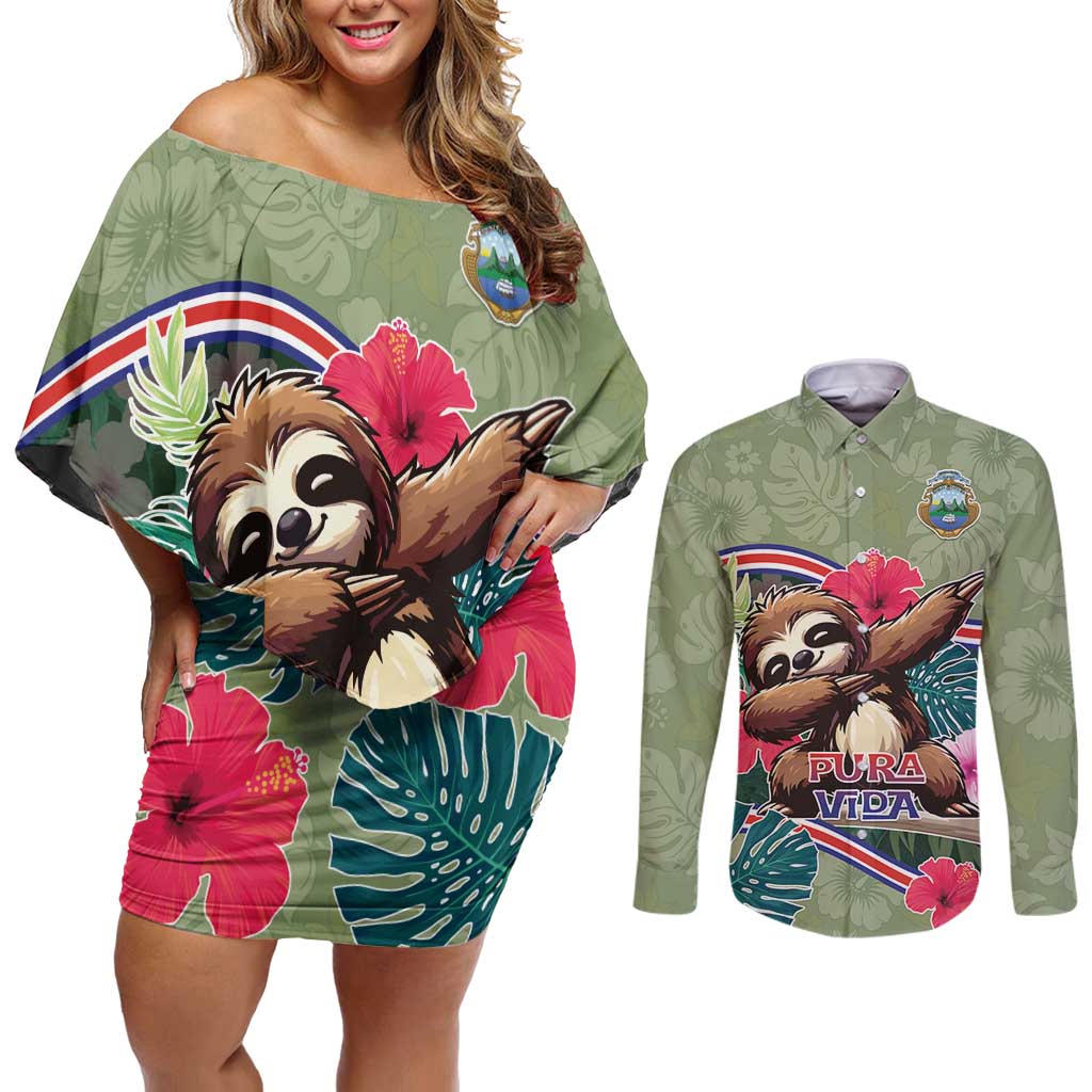 Costa Rica Couples Matching Off Shoulder Short Dress and Long Sleeve Button Shirt Pura Vida Dabbing Sloth