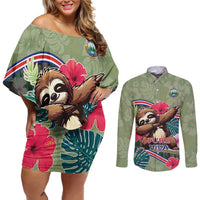 Costa Rica Couples Matching Off Shoulder Short Dress and Long Sleeve Button Shirt Pura Vida Dabbing Sloth