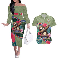 Costa Rica Couples Matching Off The Shoulder Long Sleeve Dress and Hawaiian Shirt Pura Vida Dabbing Sloth