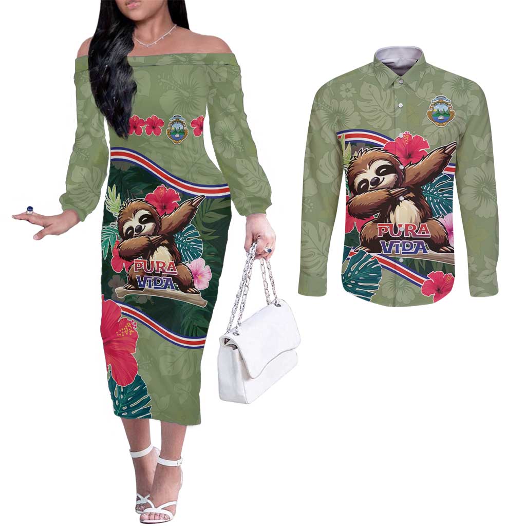 Costa Rica Couples Matching Off The Shoulder Long Sleeve Dress and Long Sleeve Button Shirt Pura Vida Dabbing Sloth