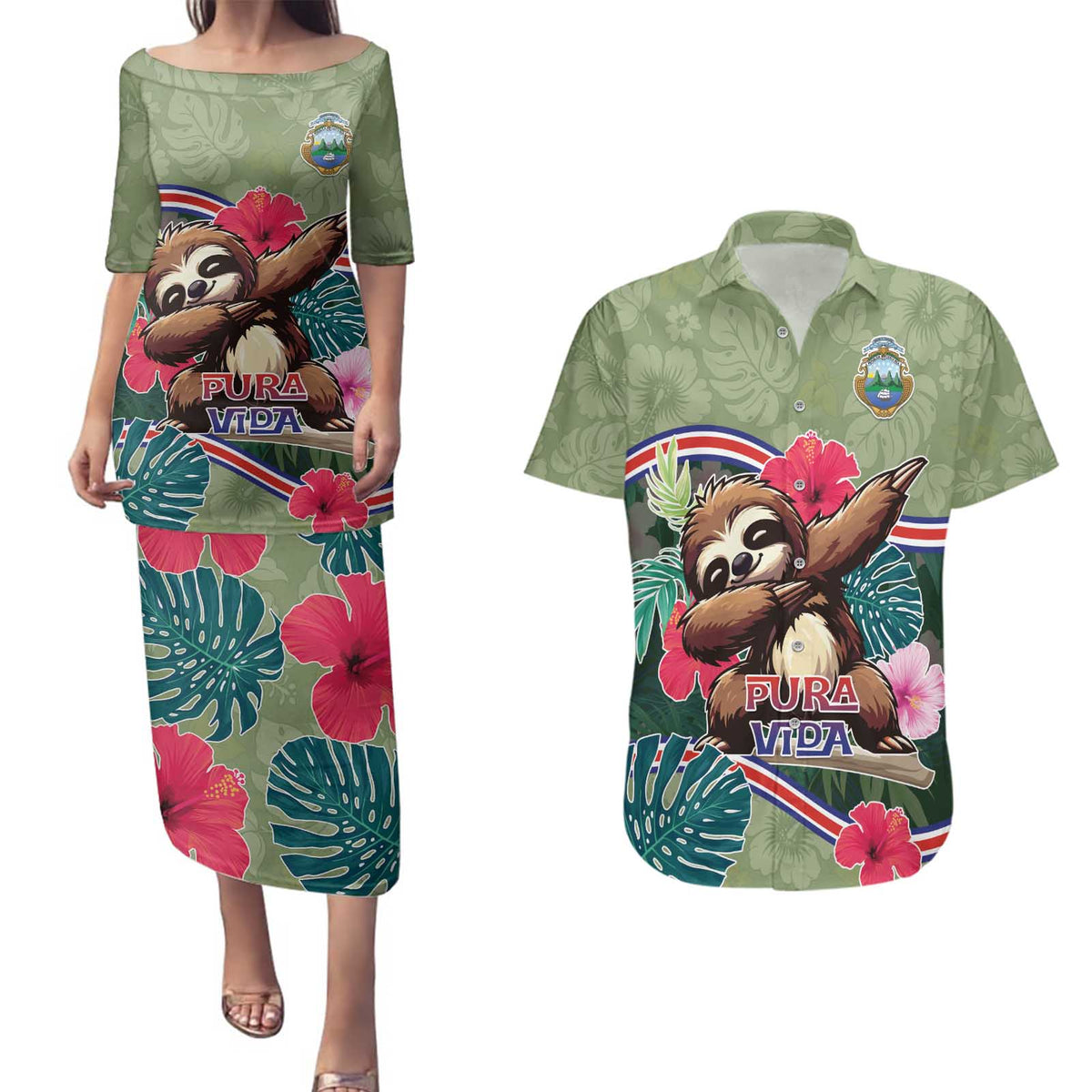 Costa Rica Couples Matching Puletasi and Hawaiian Shirt Pura Vida Dabbing Sloth