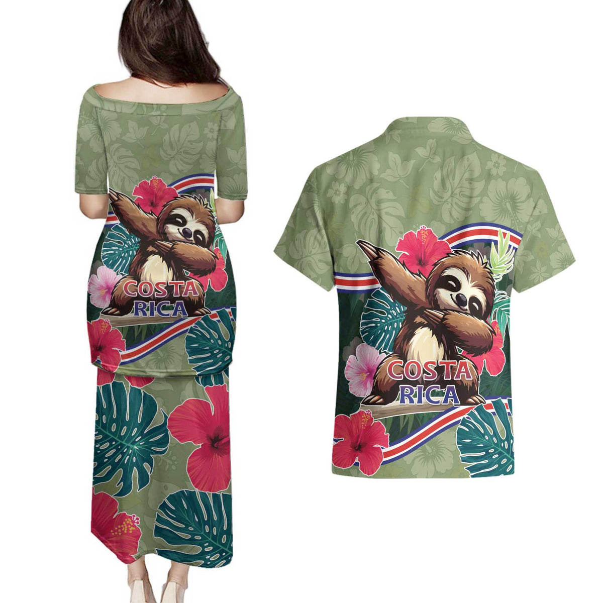 Costa Rica Couples Matching Puletasi and Hawaiian Shirt Pura Vida Dabbing Sloth