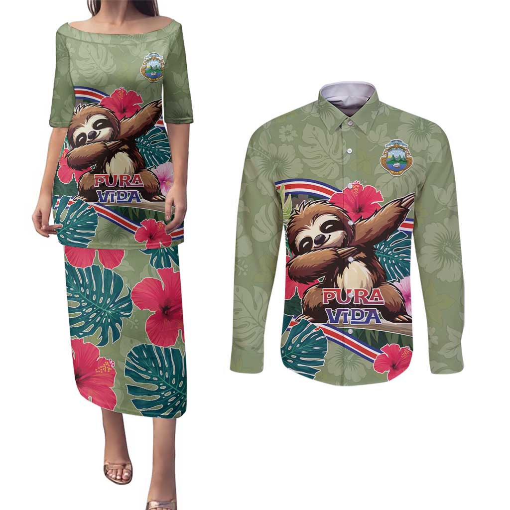 Costa Rica Couples Matching Puletasi and Long Sleeve Button Shirt Pura Vida Dabbing Sloth