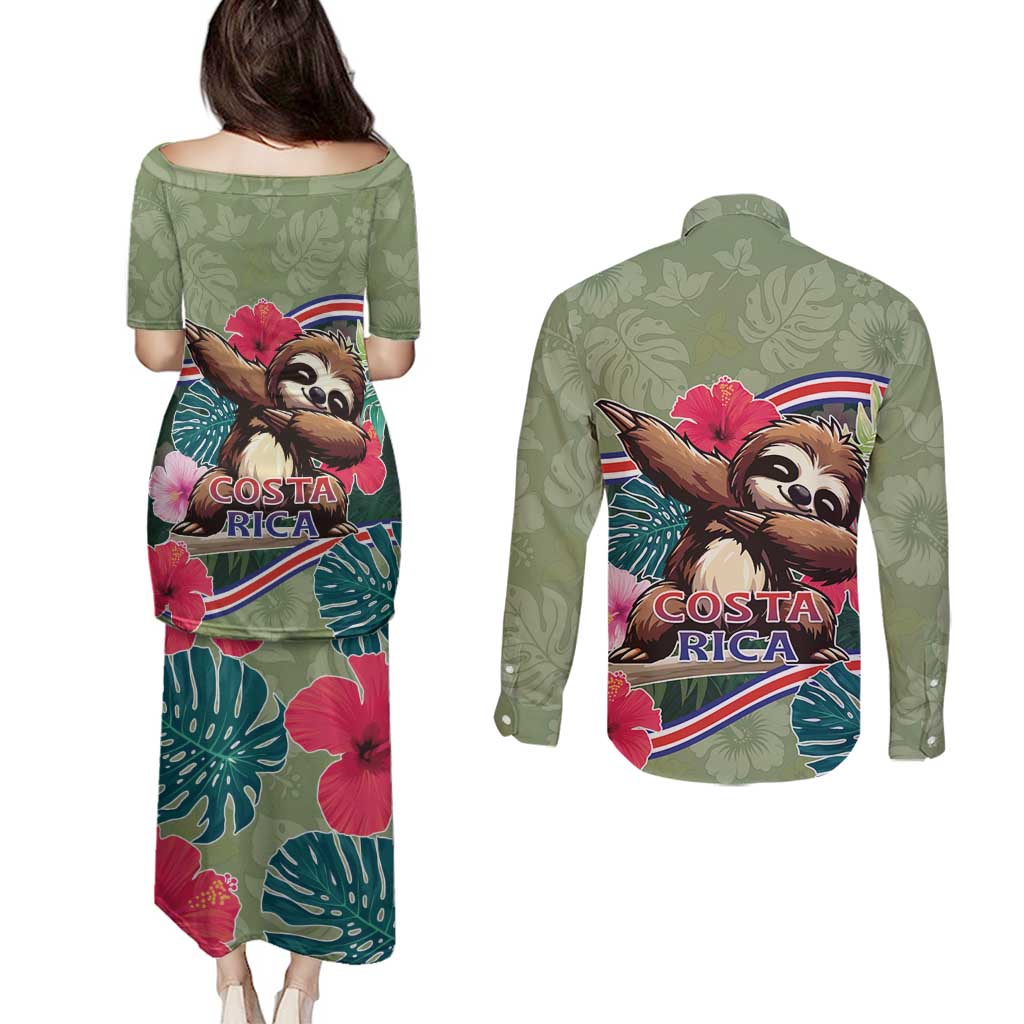 Costa Rica Couples Matching Puletasi and Long Sleeve Button Shirt Pura Vida Dabbing Sloth