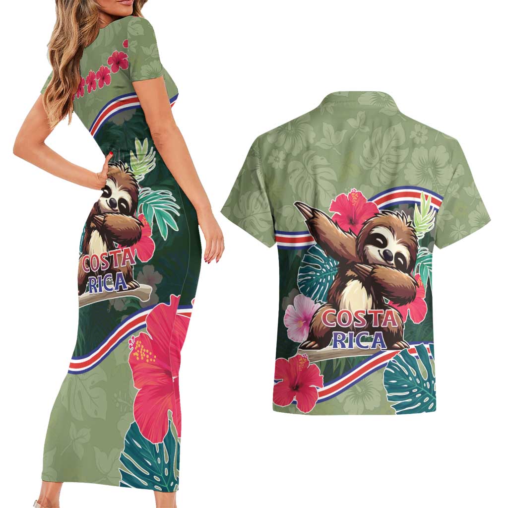 Costa Rica Couples Matching Short Sleeve Bodycon Dress and Hawaiian Shirt Pura Vida Dabbing Sloth