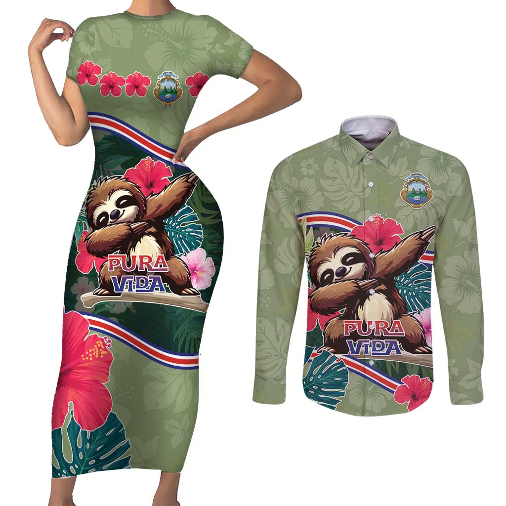 Costa Rica Couples Matching Short Sleeve Bodycon Dress and Long Sleeve Button Shirt Pura Vida Dabbing Sloth