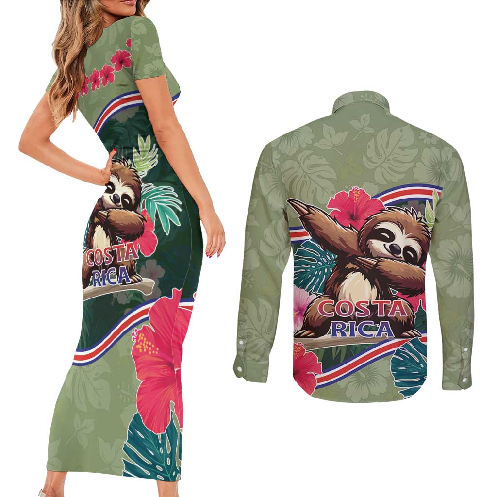 Costa Rica Couples Matching Short Sleeve Bodycon Dress and Long Sleeve Button Shirt Pura Vida Dabbing Sloth