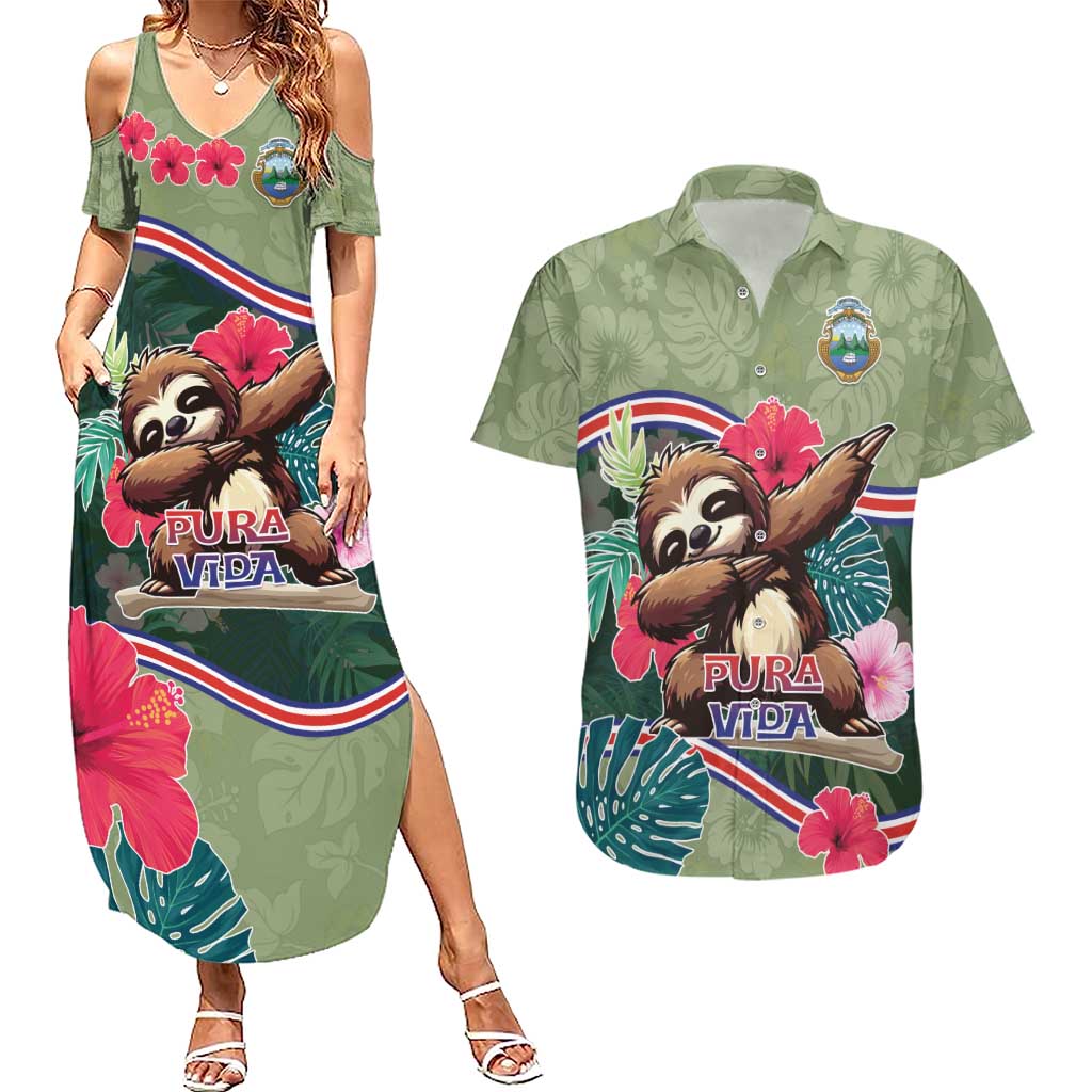 Costa Rica Couples Matching Summer Maxi Dress and Hawaiian Shirt Pura Vida Dabbing Sloth
