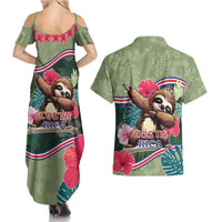 Costa Rica Couples Matching Summer Maxi Dress and Hawaiian Shirt Pura Vida Dabbing Sloth