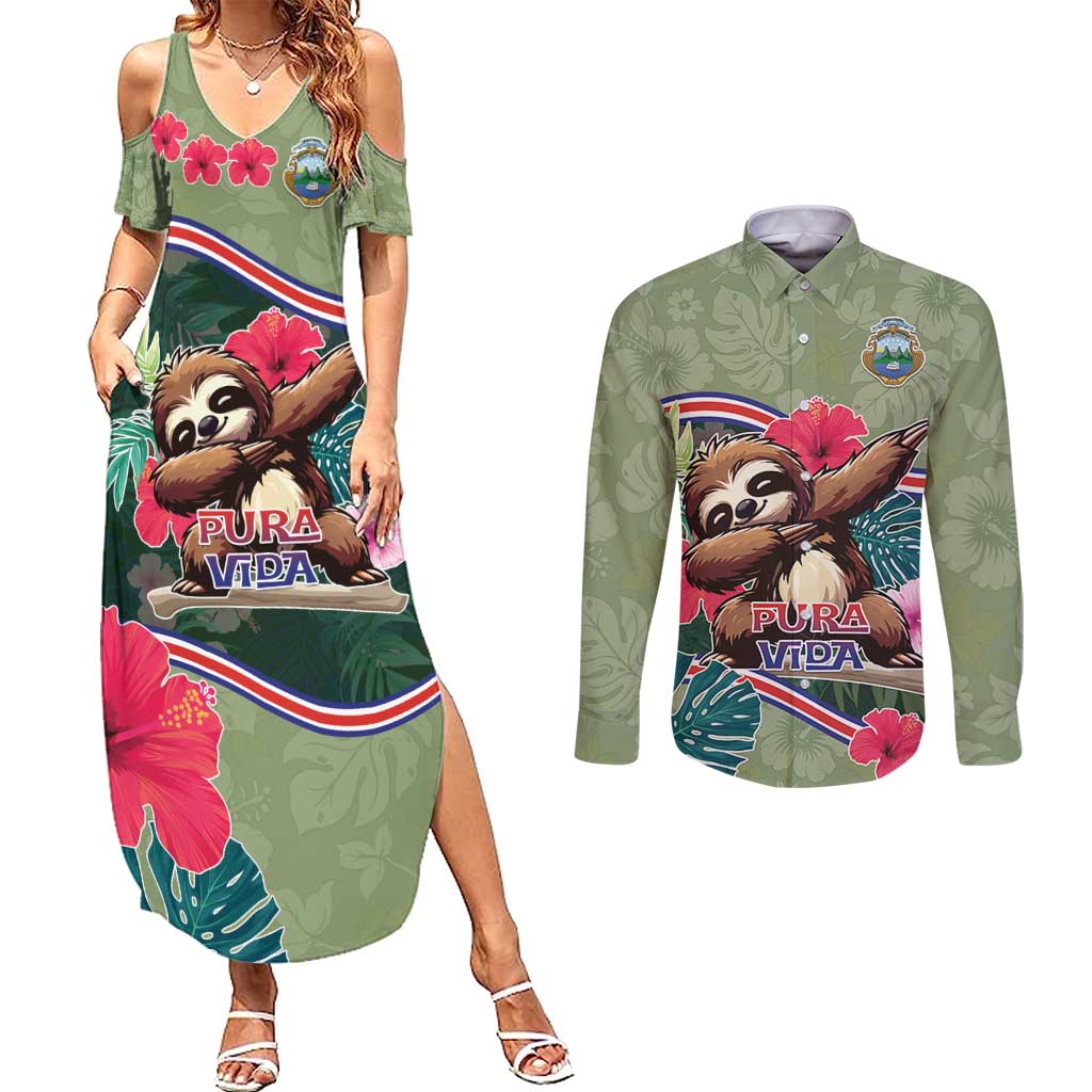 Costa Rica Couples Matching Summer Maxi Dress and Long Sleeve Button Shirt Pura Vida Dabbing Sloth