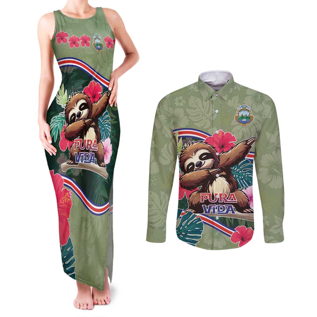 Costa Rica Couples Matching Tank Maxi Dress and Long Sleeve Button Shirt Pura Vida Dabbing Sloth