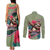 Costa Rica Couples Matching Tank Maxi Dress and Long Sleeve Button Shirt Pura Vida Dabbing Sloth