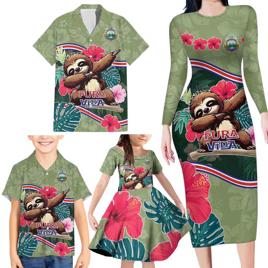 Costa Rica Family Matching Long Sleeve Bodycon Dress and Hawaiian Shirt Pura Vida Dabbing Sloth