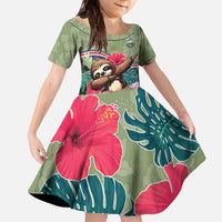 Costa Rica Family Matching Off The Shoulder Long Sleeve Dress and Hawaiian Shirt Pura Vida Dabbing Sloth