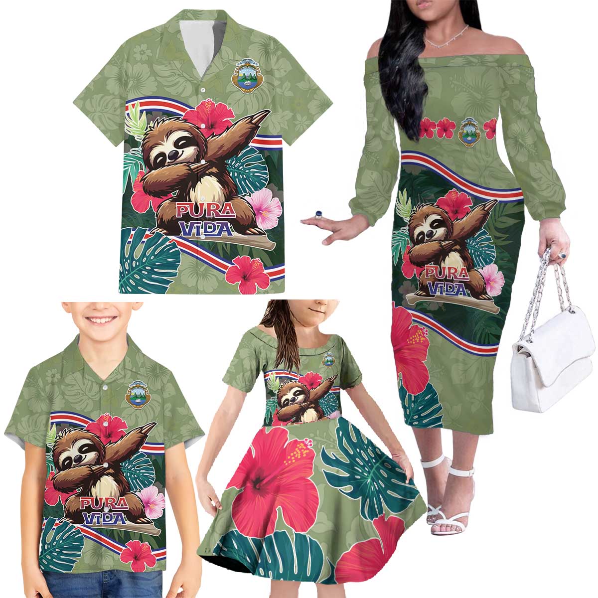 Costa Rica Family Matching Off The Shoulder Long Sleeve Dress and Hawaiian Shirt Pura Vida Dabbing Sloth