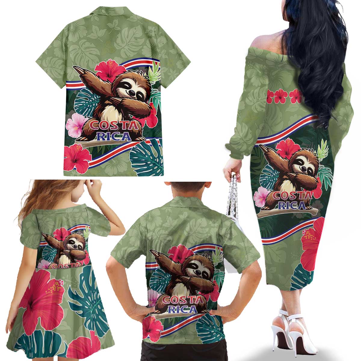 Costa Rica Family Matching Off The Shoulder Long Sleeve Dress and Hawaiian Shirt Pura Vida Dabbing Sloth