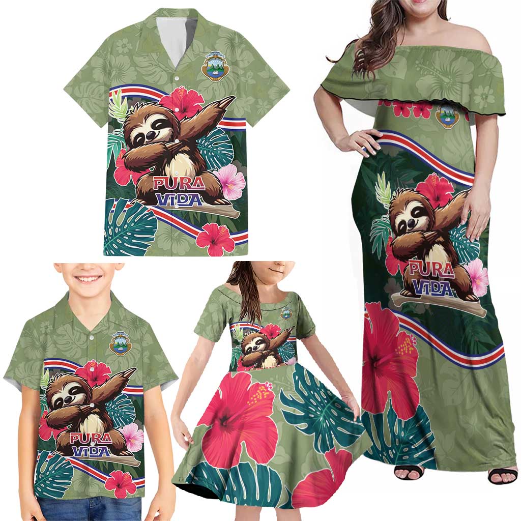 Costa Rica Family Matching Off Shoulder Maxi Dress and Hawaiian Shirt Pura Vida Dabbing Sloth