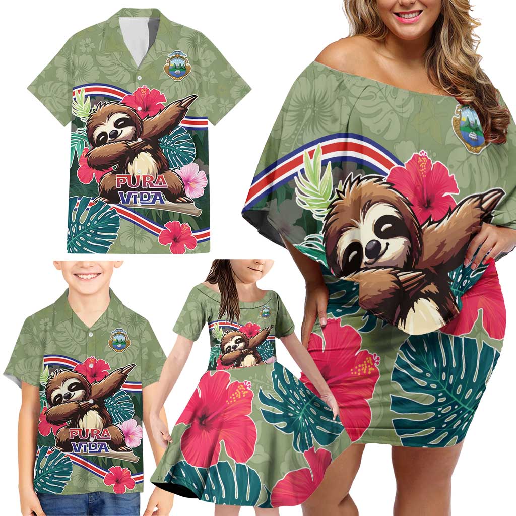 Costa Rica Family Matching Off Shoulder Short Dress and Hawaiian Shirt Pura Vida Dabbing Sloth