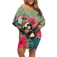 Costa Rica Family Matching Off Shoulder Short Dress and Hawaiian Shirt Pura Vida Dabbing Sloth