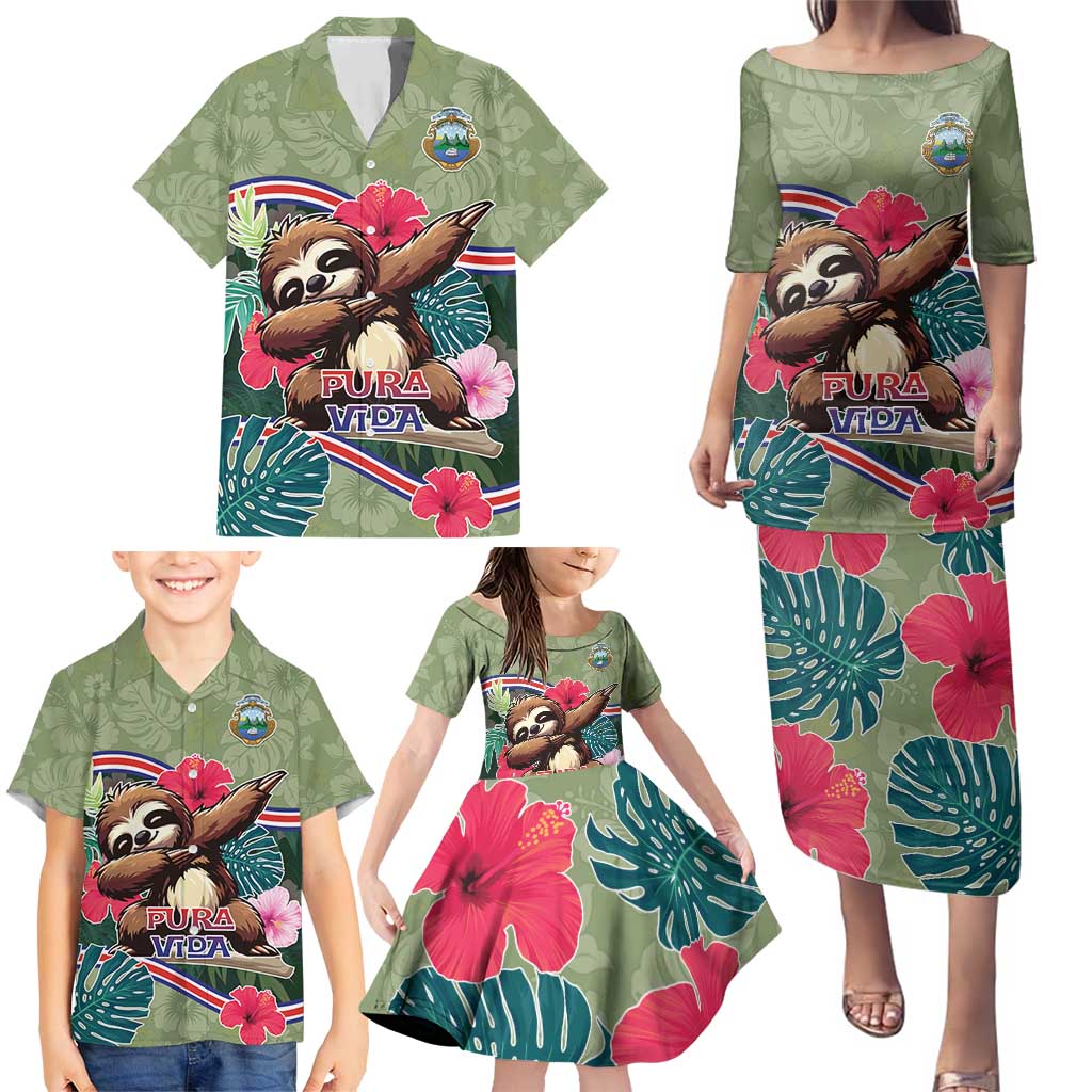 Costa Rica Family Matching Puletasi and Hawaiian Shirt Pura Vida Dabbing Sloth